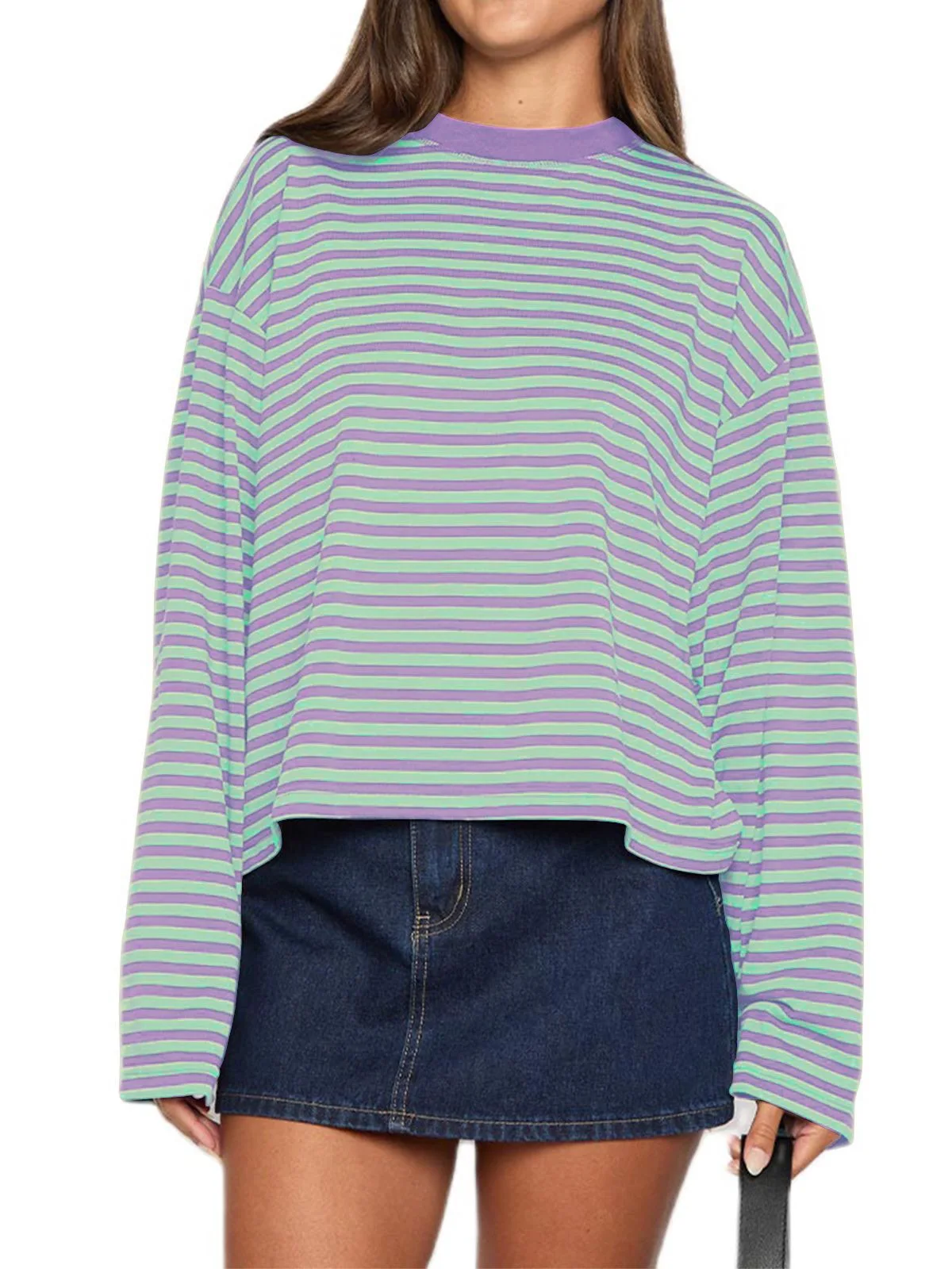 

Colorblock Round Neck T-Shirt Loose Oversized Long Sleeve Stripe T-Shirt Soft Cotton Summer Tee Cute Lazy Pullover Top