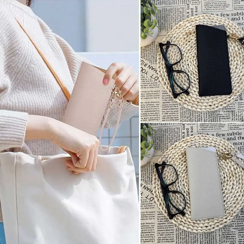 

PU Leather Sunglasses Storage Bag with Lanyard Durable Sunglasses Pouch Portable Solid Color Hanging Sunglasses