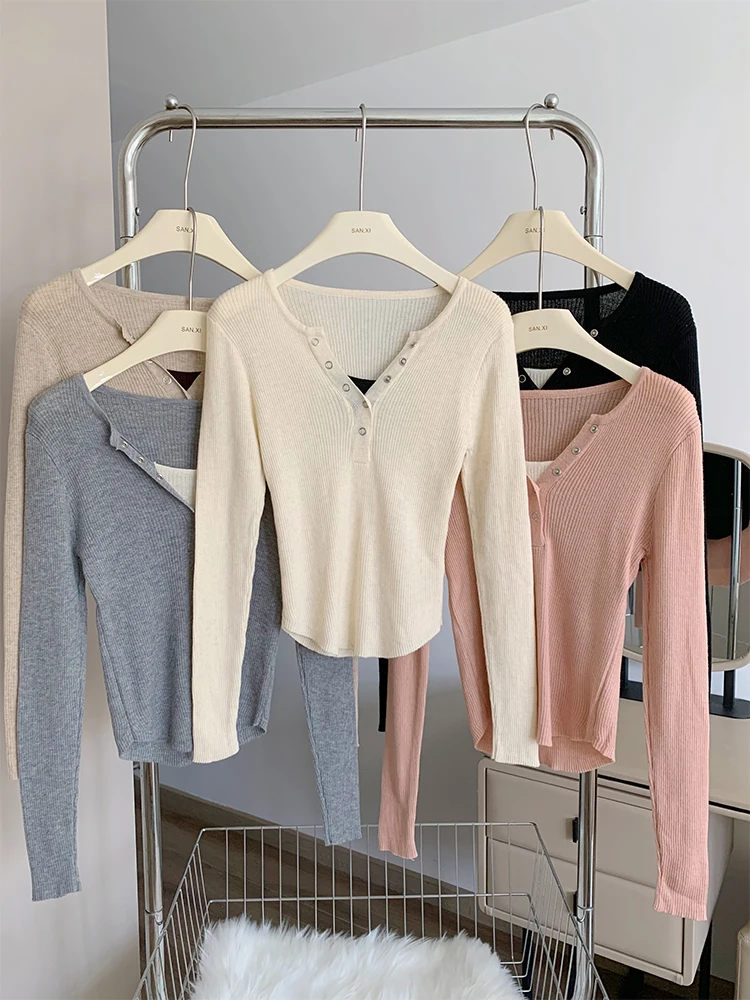 Autumn Winter Woman Korean Fashion V-neck Pullovers Sweater Long Sleeve Solid Color Mori Girl Knitwears 2000s Aesthetic Retro