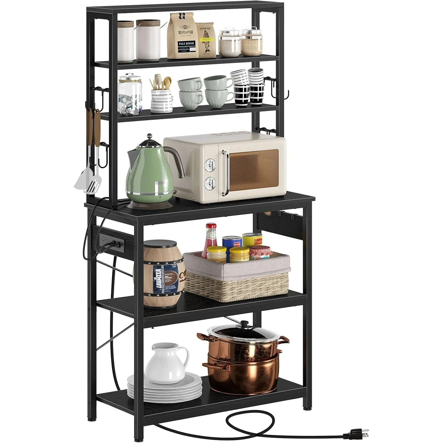 Baker's Rack with 4AC Power Outlet, 59.1in Stand with 10 Hooks, Stable Coffee Bar Table, 6-Tier Kitchen Storage Shelf Rack