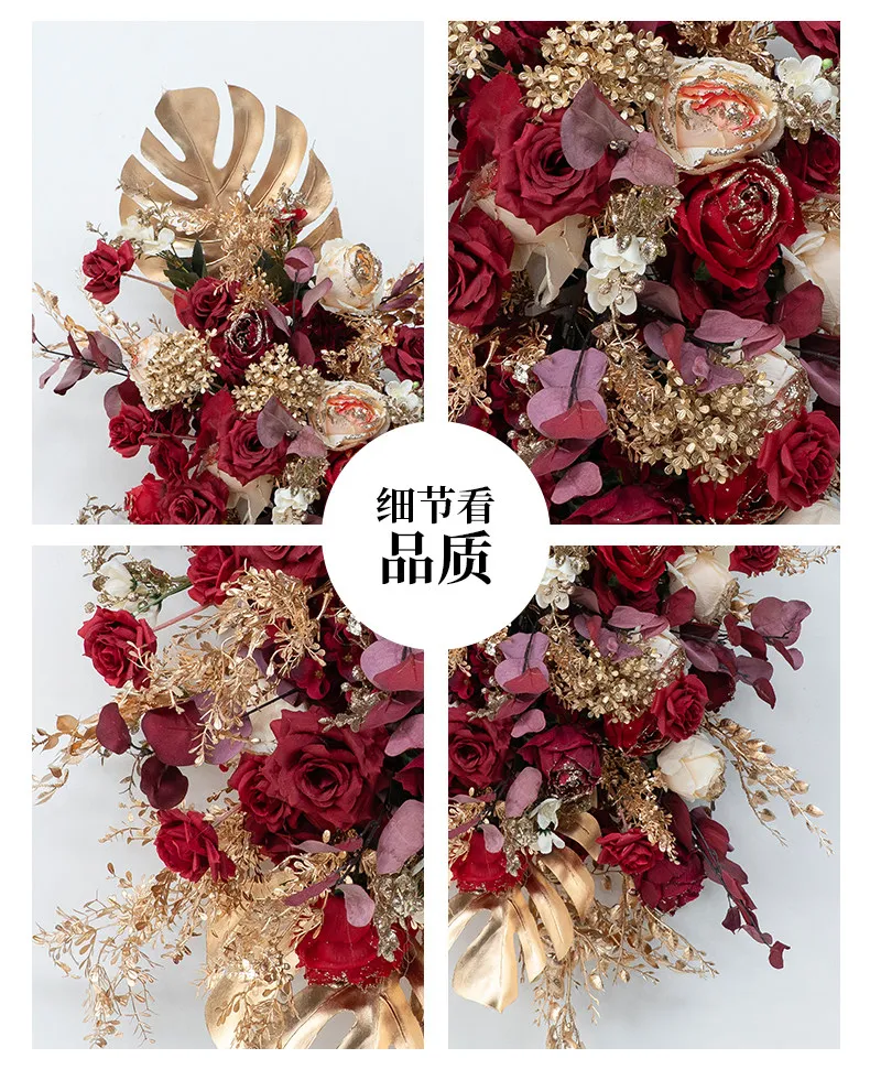 Burgunderrote Roségold-Blätter Hochzeits-Hintergrund-Bogen Hängende Blumenreihe Dekoration Blumenarrangement Wegführung Blumenreihe Willkommens-Requisiten – Detail 5