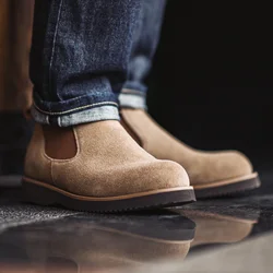 Maden Retro Chelsea Boots Round-toe Casual High Top Brown Slip-On Ankle Boots for Men's Autumn Winter Shoes