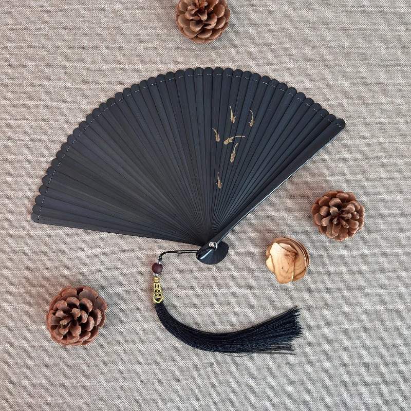 Black Bamboo Carved Folding Fan Portable Summer Cooling Daily Fan for Hanfu Photography Prop Gift Home Office Lightweight Set