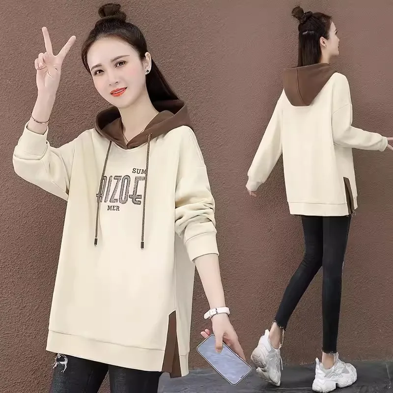 

Cotton Long Hooded Sweater Women Spring and Autumn 2024 New Loose Hip-covered Blouse Women's Long-sleeved Slim Coat Tide