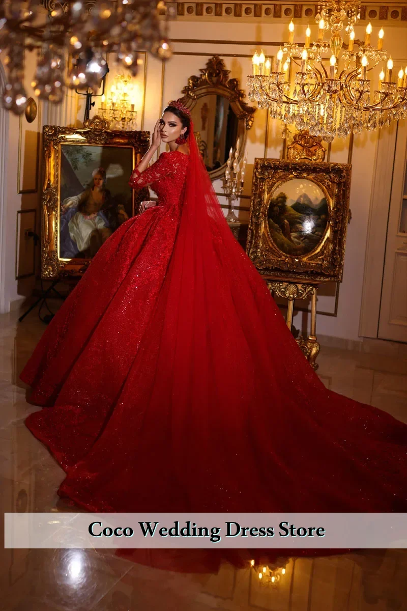 Роскошные великолепные кружевные красные свадебные платья в Дубае по индивидуальному заказу, блестящие свадебные платья в арабском стиле с длинными рукавами, Vestido De Novia