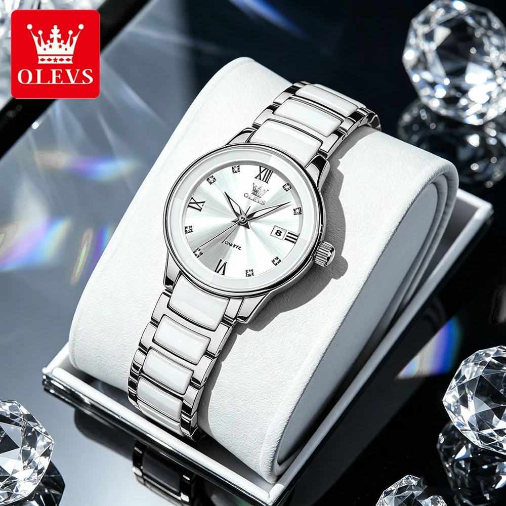 OLEVS Women's Watches Luxury Fashion Steel Ceramic Strap Rhombus Mirror Waterproof Quartz Wristwatch Luminous Date Trend New