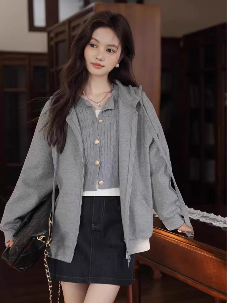 ALXNAN Plus Size Gray Hoodies Double Zipper Women's Sweatshirts Autumn Loose-fit Sports Pockets Casual Long Sleeve Coats D12639