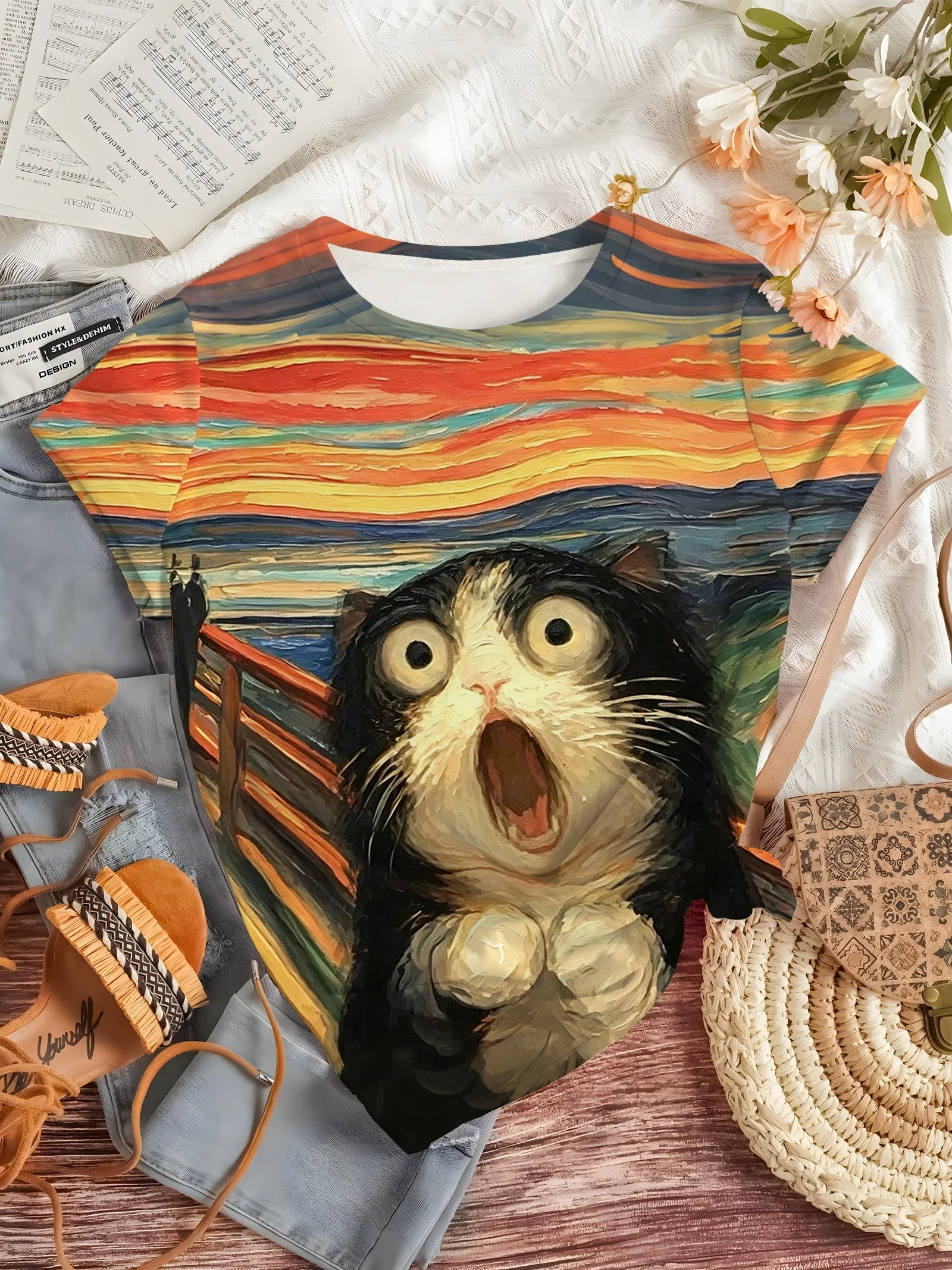 Women Crew Neck Short Sleeve T‑Shirt, Scream Style Funny Cat Starry Sky Art Graphic Tee