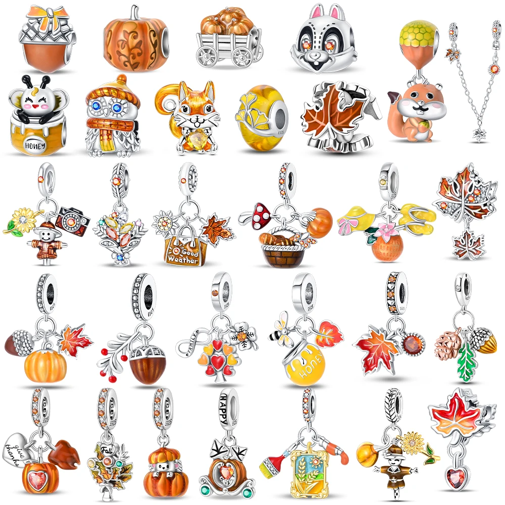 

Autumn Harvest Series Squirrel Maple Leaf Pumpkin 925 Sterling Silver Charms Pendants Fit 925 Original Bracelets DIY Jewelry