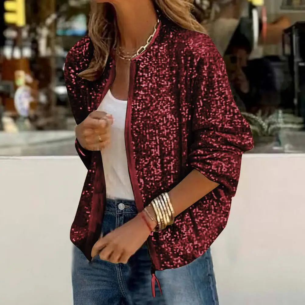 Lady Coat Glittering Sequin Round Neck Zipper Closure Long Sleeves Cardigan Short Type Loose Club Performance Stage Party Jacket
