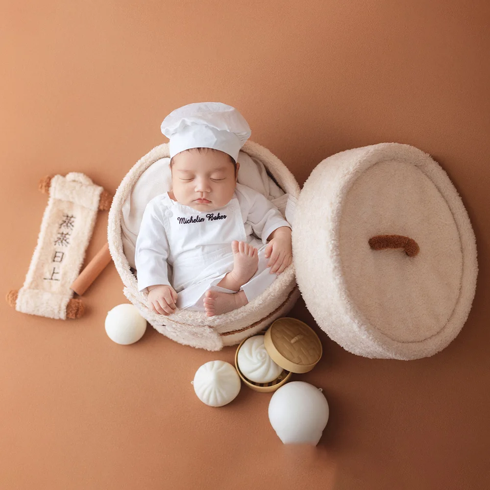 Creative Steamer Basket Newborn Photography Props Baby Chef Costume Unique Chinese Food Themed for Studio Baby Milestone Photos