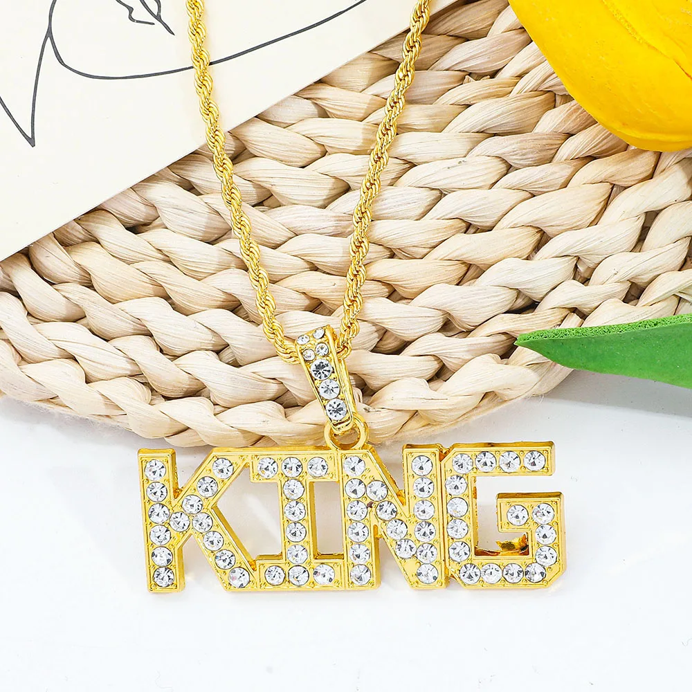 Men's Hip Hop King Queen Pendant Necklace Full Rhinestone Bling Iced out Cuban Link Chain Fashionable Jewelry Gift