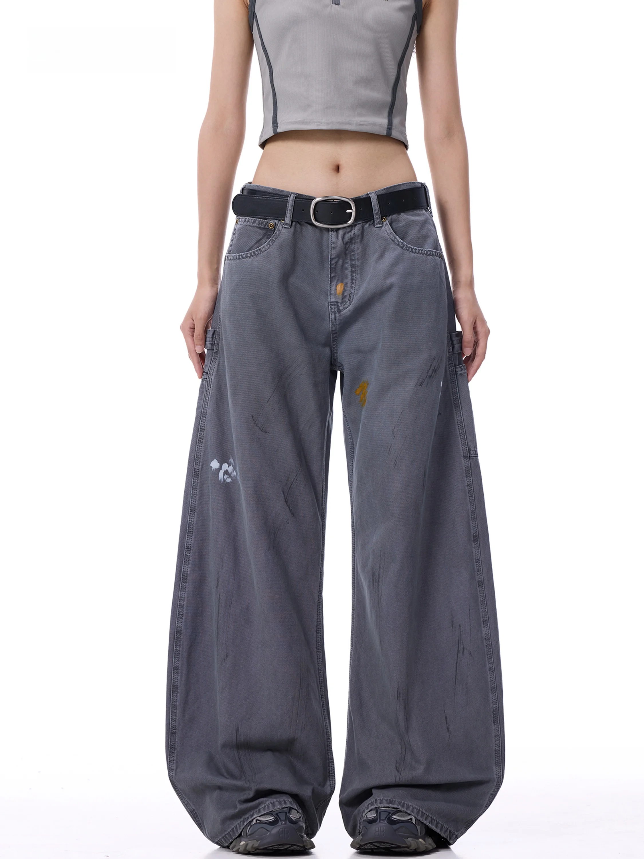 Low Waist Wide Leg Casual Pants Women's Graffiti Street Knife Multi Pocket Design Worn Grey Loose Workwear Trousers