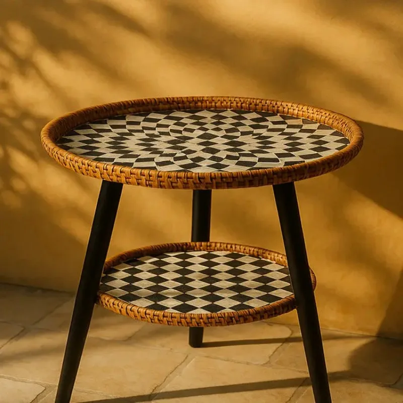 Southeast Asian Viral Essential Decor‌ Bohemian Rattan Coffee Table - Woven Double Layer Side Table Natural Wood Frame,