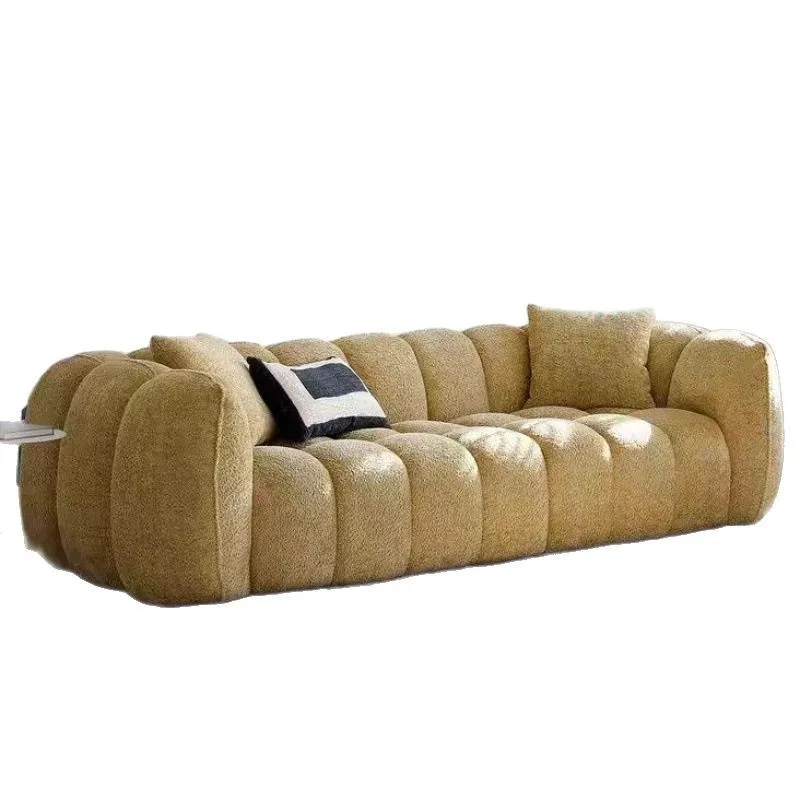 

Camel wool fabric sofa pumpkin sofa modern simple retro straight row living room French cream style
