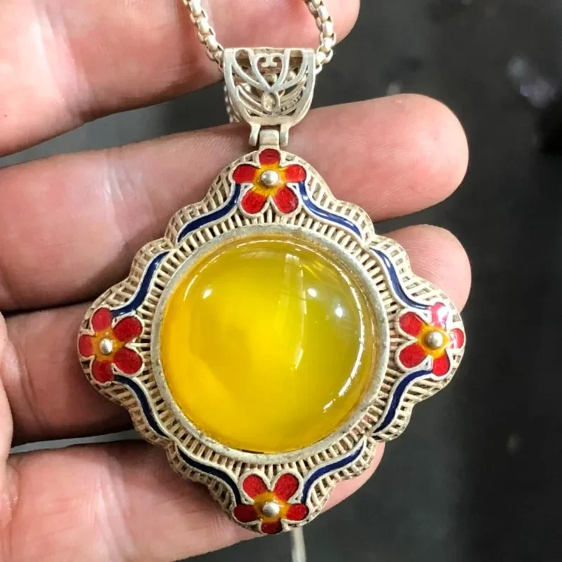 Vintage Cloisonne Pendant White Copper Silver Plated Inlaid Yellow Gem, Carved Antique Collectible Unisex Retro Necklace Jewelry