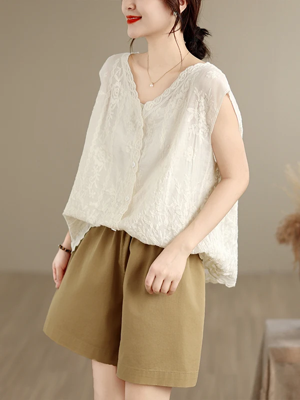 Summer New Heavy Embroidery Vest Large Size Women's Artistic Casual Versatile V-neck Canvas Top Thin Cotton Polyester Sleeveless view 3