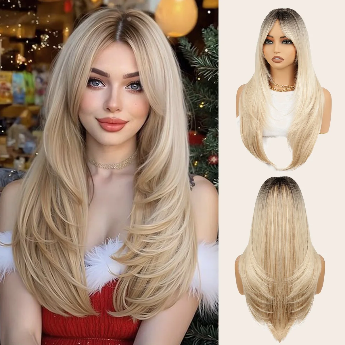 Cross Border Hot 8-Character Bangs Golden Gradient Layered Long Straight Wig for Women