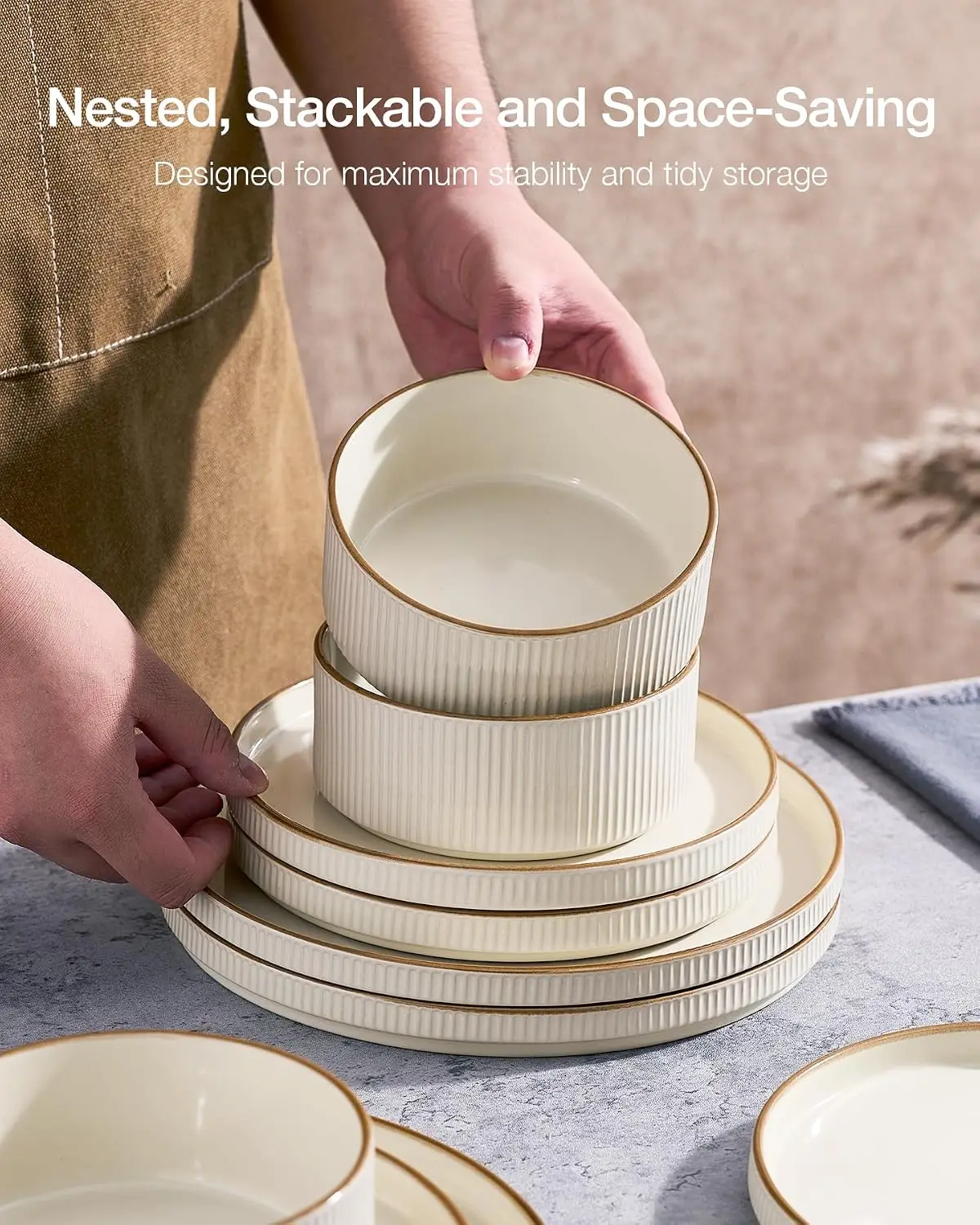Ceramic Plates and Bowls Sets with Trim, 24pc Ribbed Dishes for 8 | Stoneware Dinnerware, Lipped Edges, Chip & Scratch Resistant view 6
