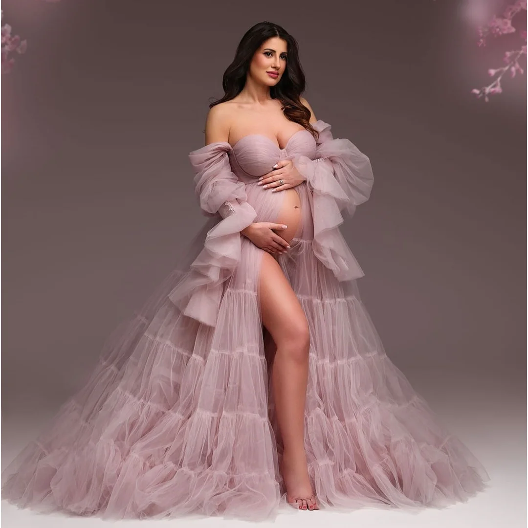 

Long Sleeves Pink Prom Dresses Off the Shoulder Maternity Photoshoot Dress with Slit Customized Pleat Tulle vestido de novia