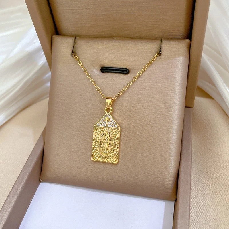 18K Gold-plated Cross Church Virgin Mary Copper Inlaid Zircon Pendant Necklace for Women Devout Believers Faith Jewelry Gift