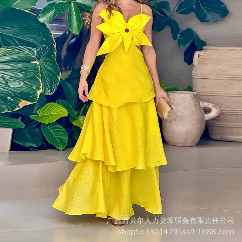 Floral Hollow Out Cami Dress Women Party Long Dresses Sling Sleeveless Slim Maxi Ruffles Backless A Line Vestidos Summer Elegant