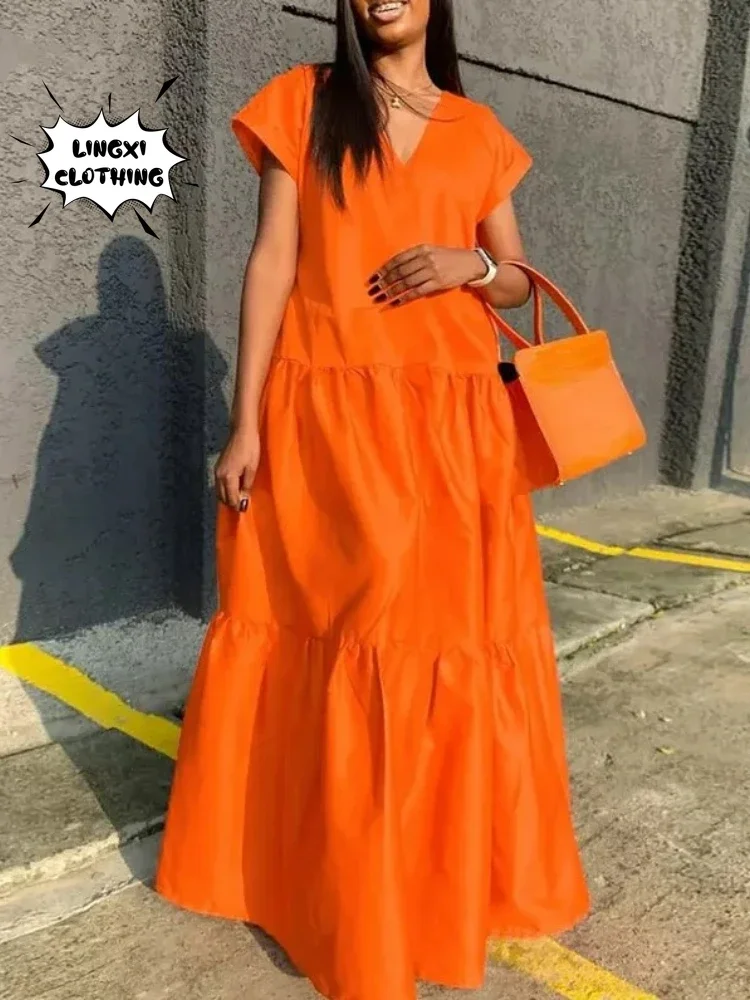 2024 Autumn Women\'s Large Size Loose Elegant Women\'s Dress V-Neck Temperament Gathering Women\'s Gown Sexy Holiday Dress