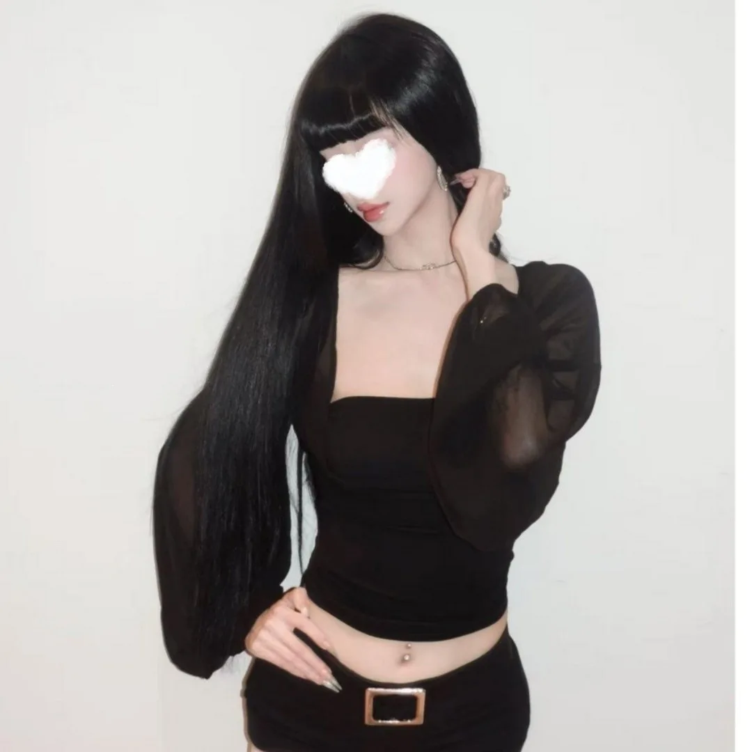 Black Lace Bell Sleeve Long Sleeve Top Waist Cinched Sexy Style Women's T-shirt Lantern Sleeve Patchwork Pure Desire Trendy Girl