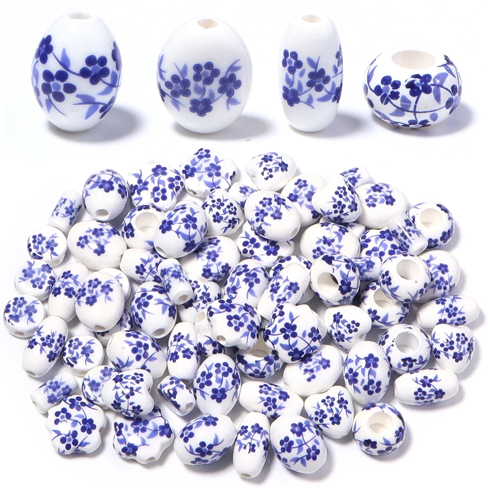 10 Stück/Lot Pflaumenblütenmuster Keramikperlen Herz Blume Ovale Form Lose Abstandshalter Porzellanperlen für DIY Bastelarbeiten Armband Ohrringe