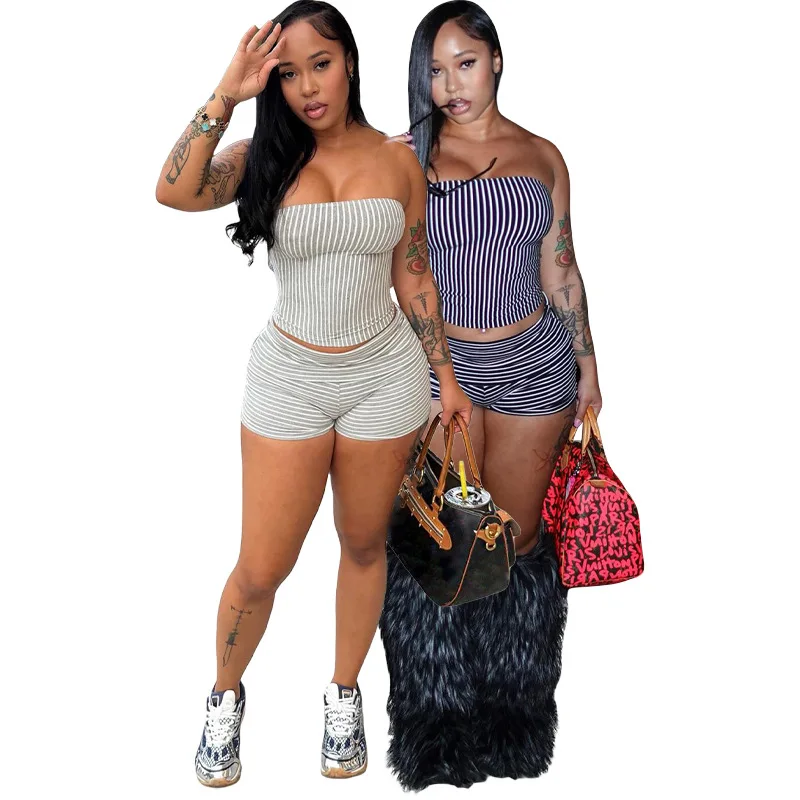 

European and American fashion women's clothing vertical striped tube top, rolled edge, folded waist tight shorts two-piece set