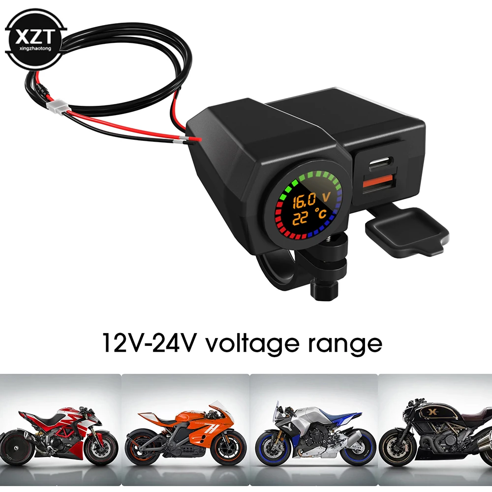 Pengisi Daya Sepeda Motor dengan Tampilan Suhu dan Voltase Layar Warna Pengisi Daya Dual USB Tipe C Instalasi Setang Material ABS