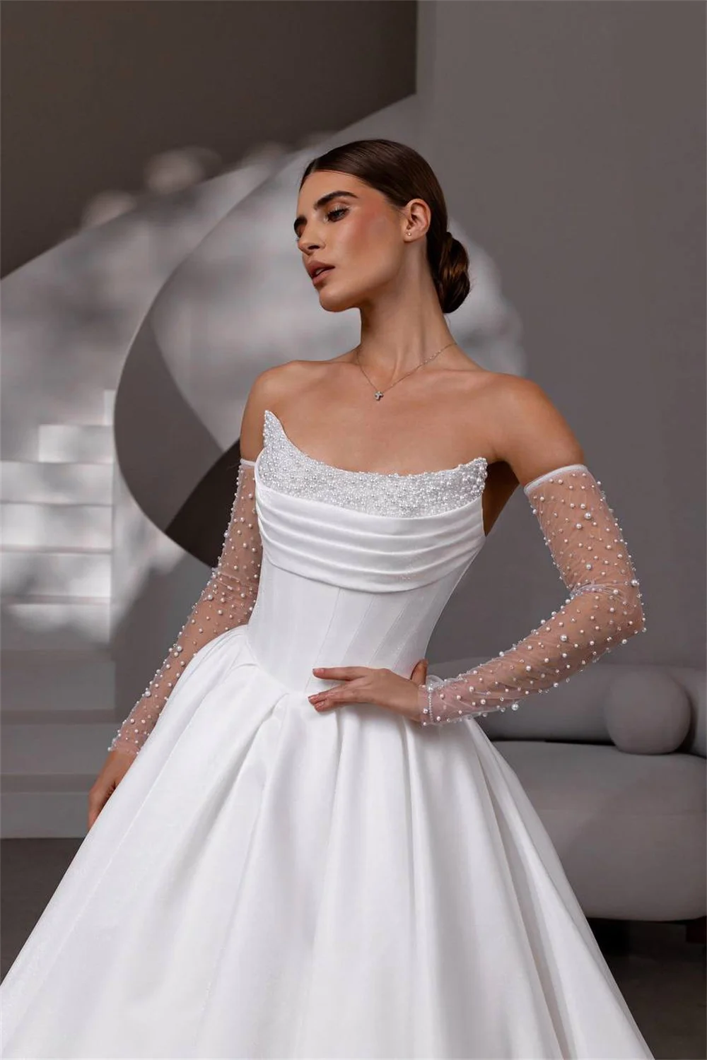 Fashion Strapless A-Line Bridal Gown Back Corset Wedding Dress Customized Satin Bridal Dress For Wedding vestidos mujer