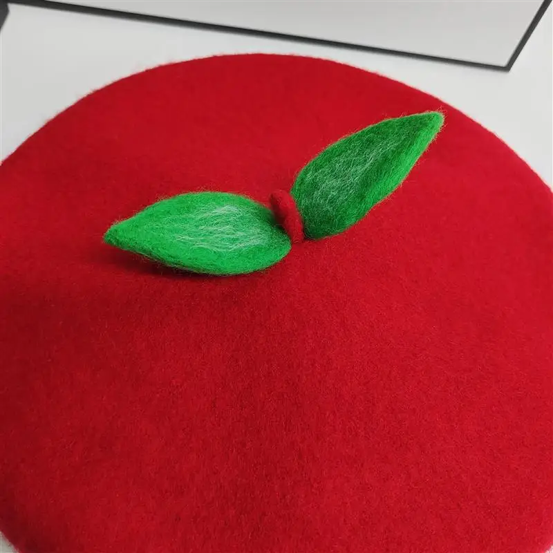 Women Cute Green Leaves Wool Berets Autumn Winter Cap Punk Handmade Fruit Kawaii Fresh Warm Beret Hat