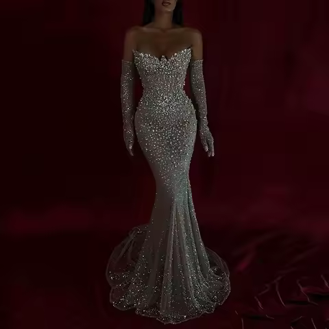 Sparkle Silver Prom Dresses with Gloves Luxury Crystals Beaded Formal Party Dress African Birthday Dress Photoshoot Evening Gown