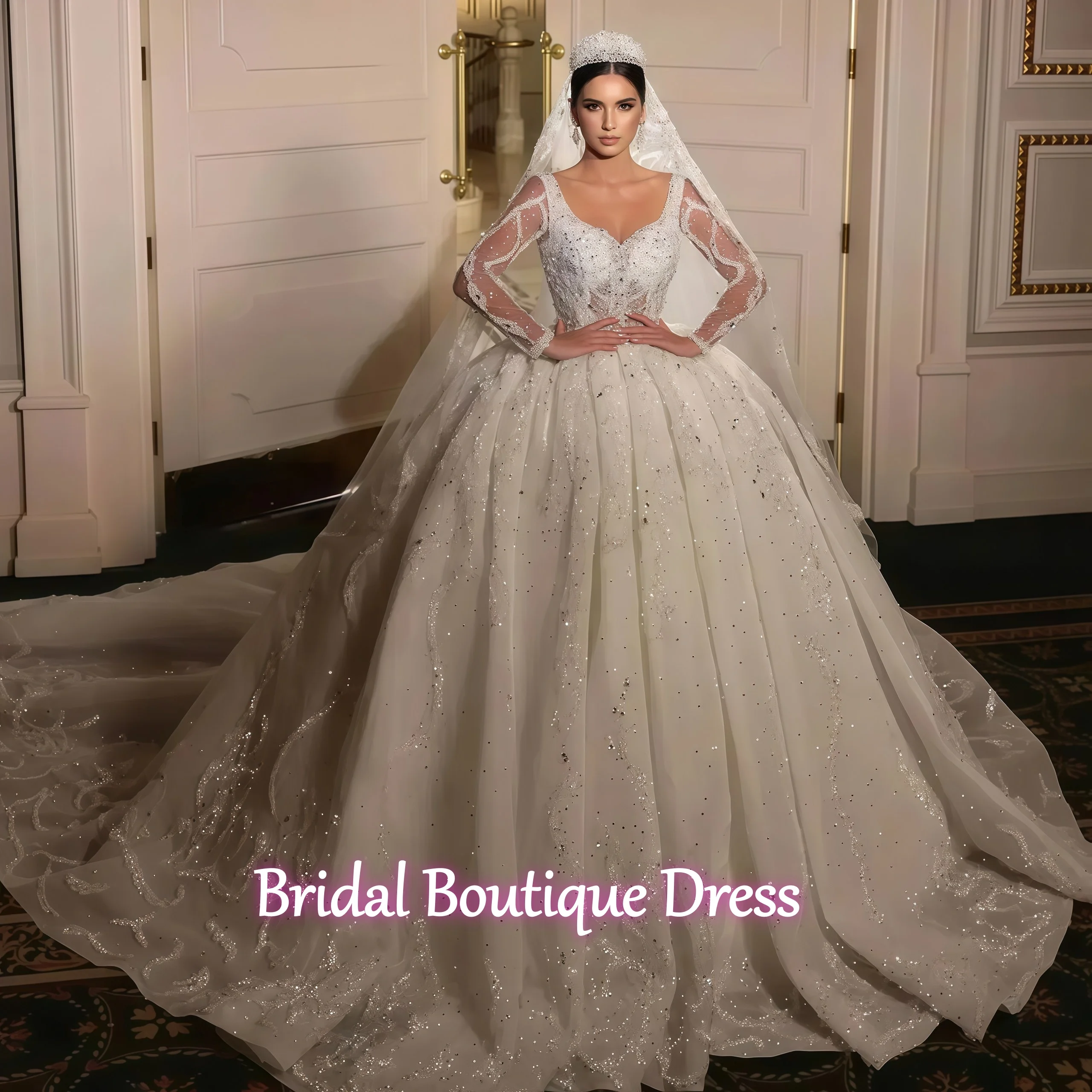 Изысканное бальное платье по индивидуальному заказу, свадебные платья с вырезом в форме сердца и длинными рукавами, свадебные платья с блестками и кристаллами, со шлейфом