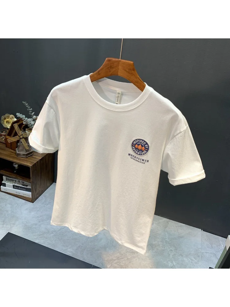 Summer New American Short sleeved T-shirt for Men\'s Trendy Letter Print Round Neck Slim Fit Versatile Loose Half sleeved Top