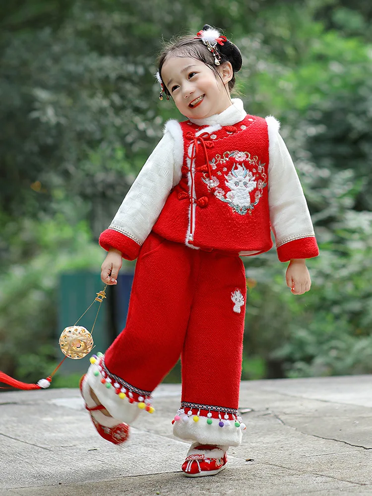 2024 Chinese Traditional Tang Suit For Baby Girl Outfit Winter Hanfu Embroidery Jacket Pants Set Birthday Gift New Year Clothes