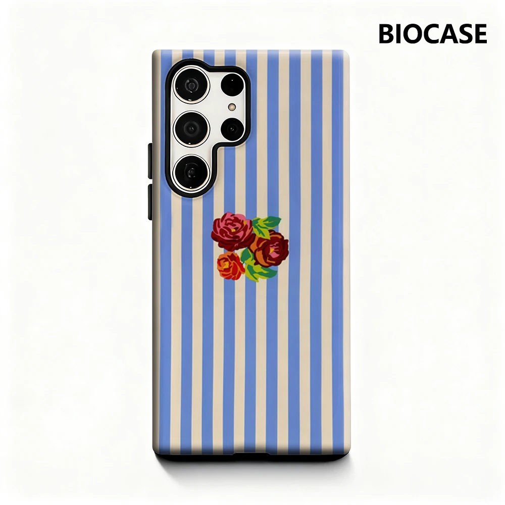 Rose auf Blau – Handyhülle mit weißen Streifen für Samsung Galaxy S25 Ultra S24 S23 Ultra Plus, glänzende doppellagige Rückseite