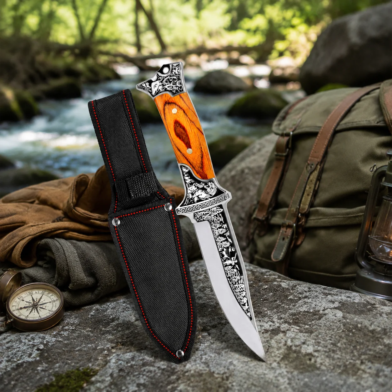 Wood Handle Fixed Blade Utility Knife with Protective Sheath Stainless Steel Outdoor Camping Hiking Picnic Daily Use Accessory