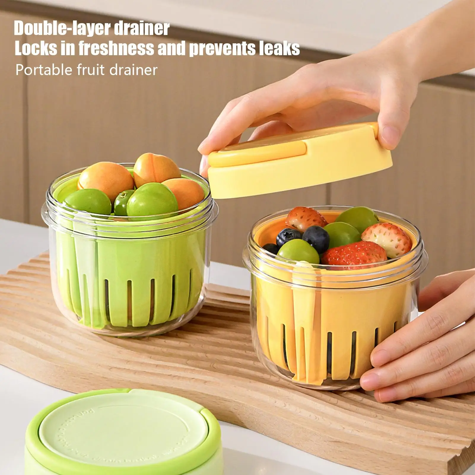 Portable Oat Container Double-Layer Drain Fruit Cup Reusable Leak Proof Plastic Salad Cup Breakfast Cup With Fork&Handle