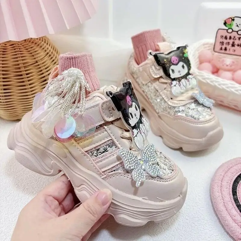 Girl Sneakers Hot Sanrio Kuromi Hello Kitty Kawaii Children Pink Casual Shoes Leather Face Butterfly Cartoon Lovely Gift New