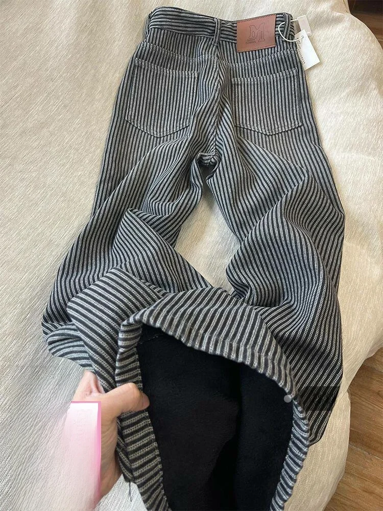 

Американские джинсы с полосатым дизайном, тонкие, с высокой талией, широкие штанины, женские, летние, новые, свободные, прямые, в пол, теплые брюки
