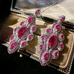 2023 New Fashion Vintage 925 Silver Drop Earrings Exaggerated Sparkling Lab Ruby Earrings Dangle Women Cocktail Party Jewelry