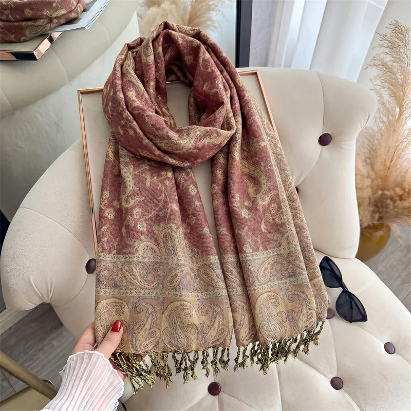 Burgundy Gold Paisley Jacquard Scarf Women Soft Tassel Shawl Wrap Vintage Bohemian Scarves For Autumn Winter Travel Gift