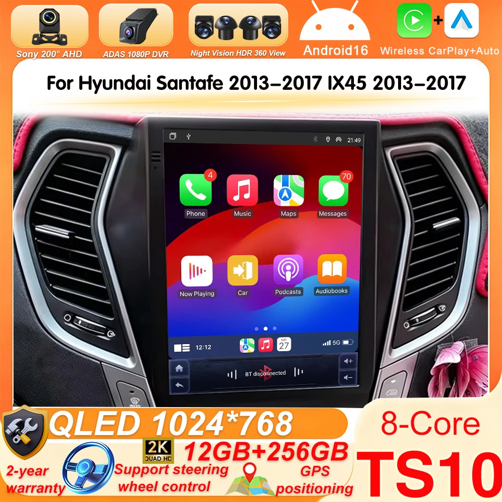 Android16 9.7\'\' Car Radio For Hyundai Santafe 2013-2017 IX45 2013-2017 Android Auto Multimedia Player CarPlay Auto 5G Navigation