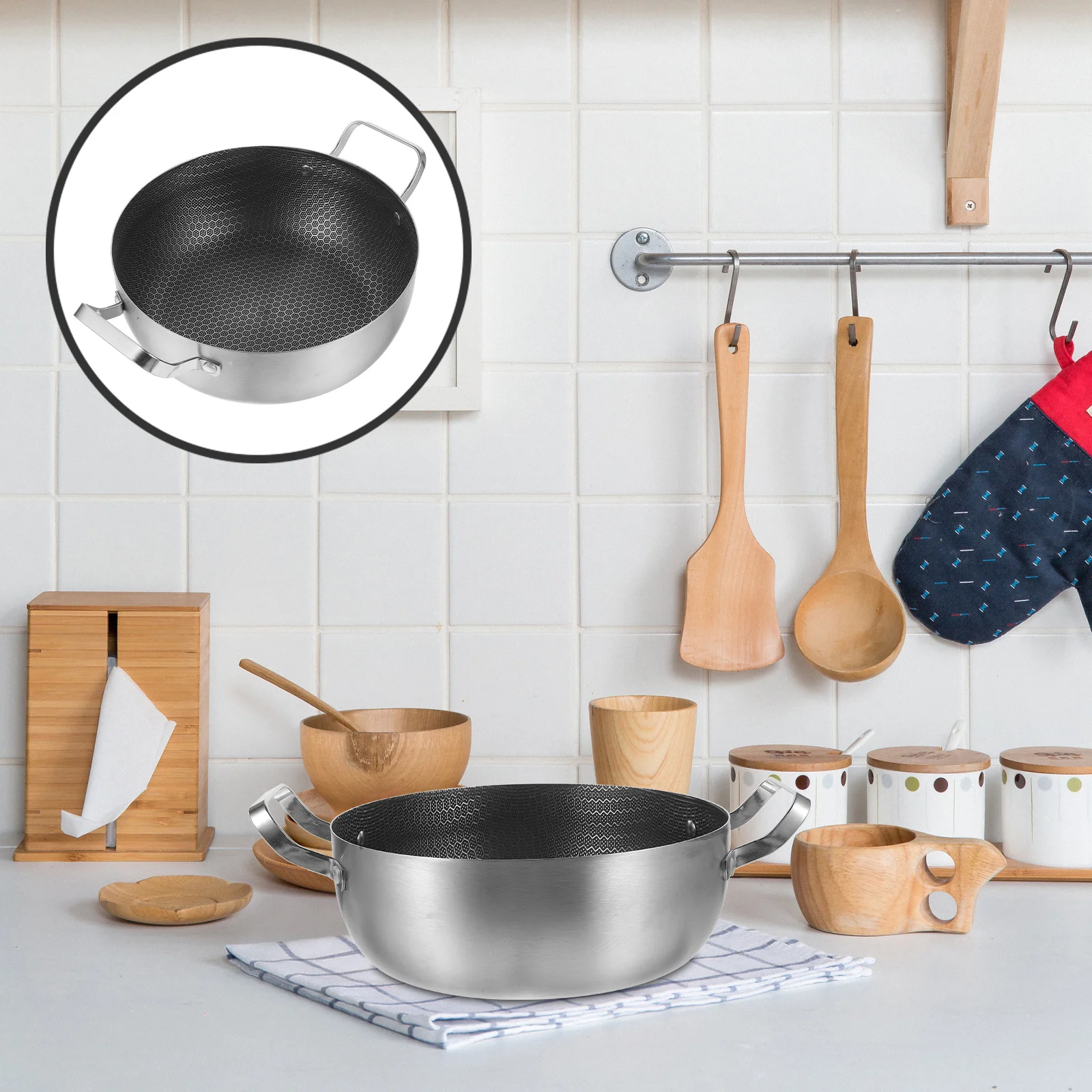 

Double Ear Honeycomb Stainless Steel Nonstick Frying Pan Flat Bottom Cooking Pot Multifunctional Kitchen Skillet for Soup