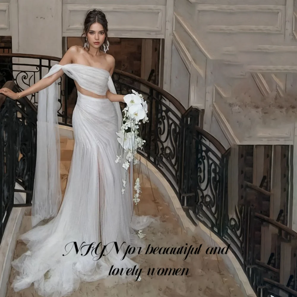 NFYN White Elegant Prom Dress Strapless Backless Prom Gown Side Split Trailing Wedding Dresses for Woman robe soirée Customized