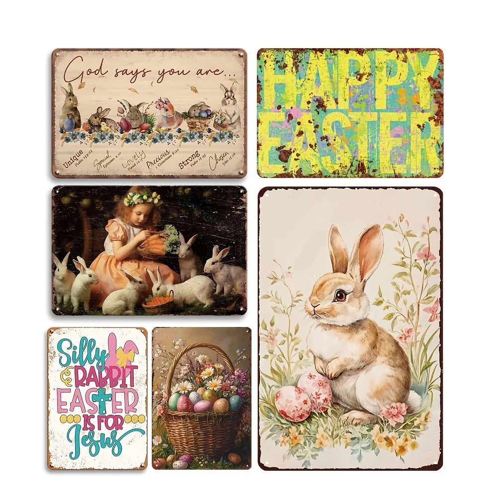 2D Flat Vintage Easter Bunny Metal Tin Sign 8x12 in,6Pcs Easter Egg Rabbit Retro Iron Plaque Farm Home Wall Decor