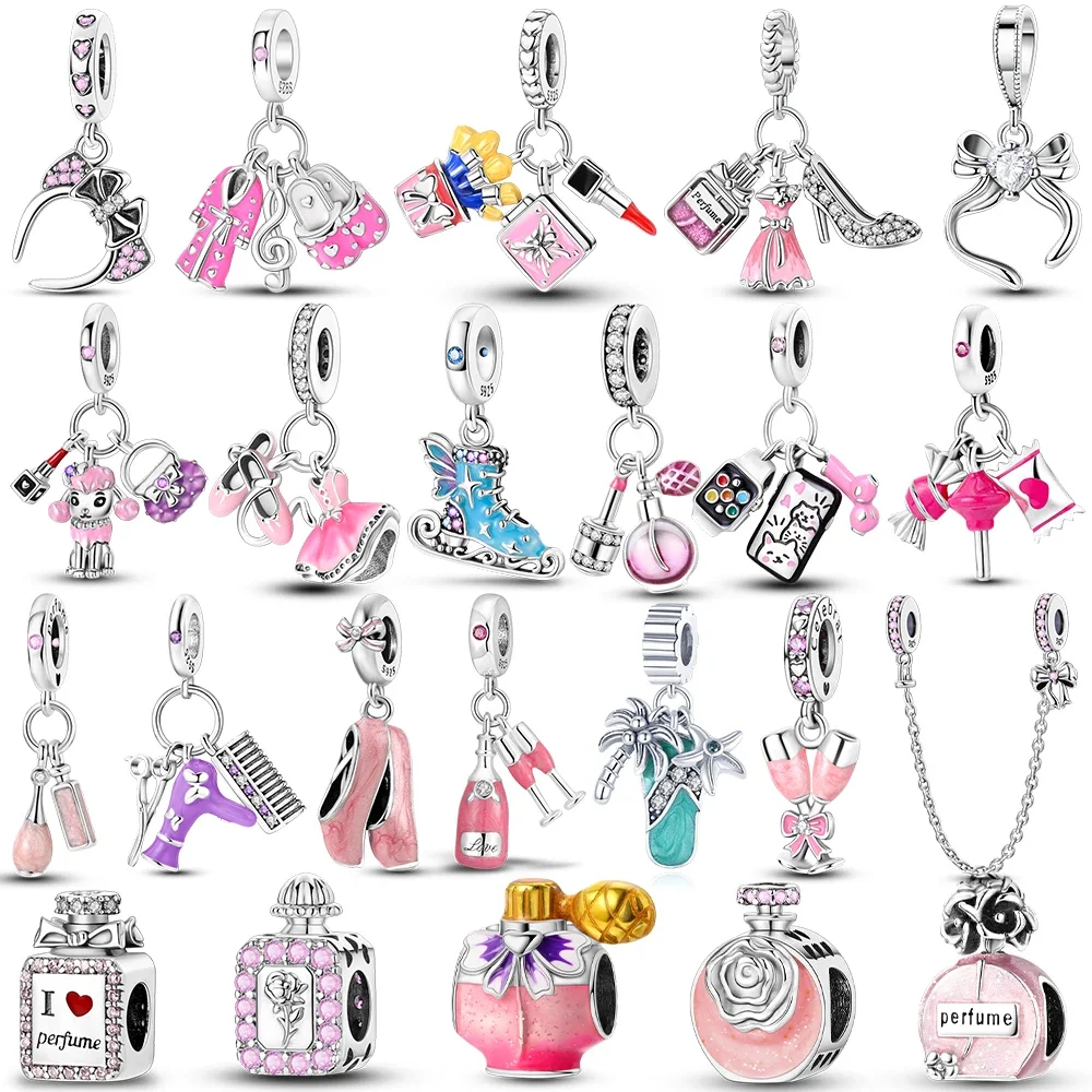 

Charms 925 Sterling Silver Fit Original Beads Bow Perfume Bottle Pink Charms for Women Fine DIY Birthday Jewelry Gifts