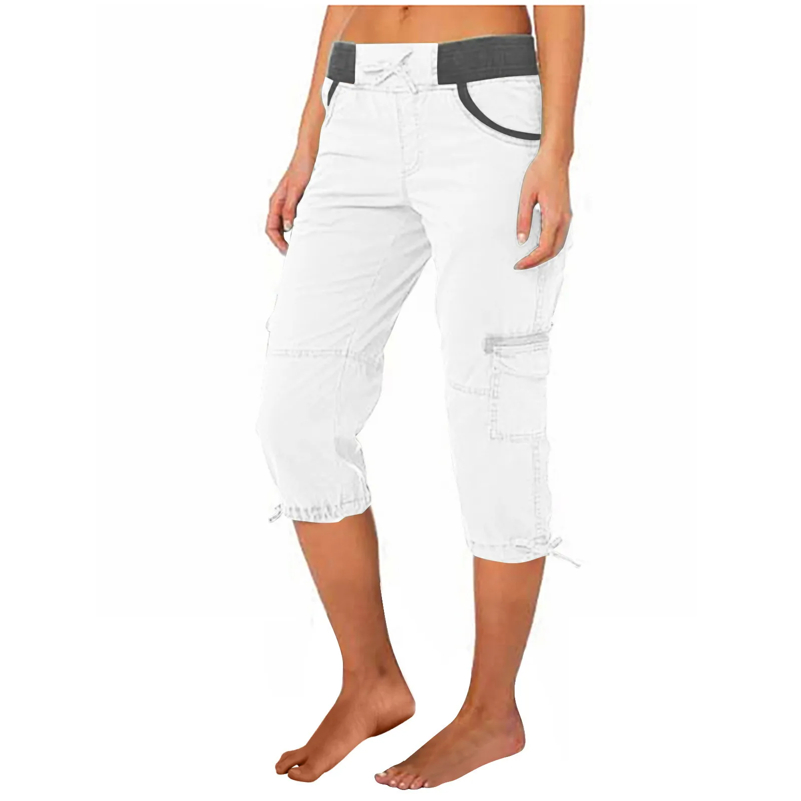 2026 Women's Summer Casual High Waist Drawstring Pocket Workwear Pants Solid Loose Wide Leg Extendable Cuffs 7-inch Pants Female
